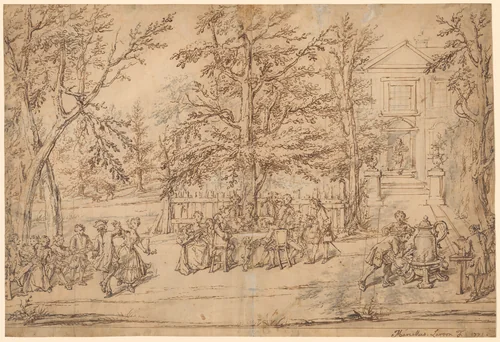 Garden Party at a Country House by Marcellus Laroon II, drawing, 1771