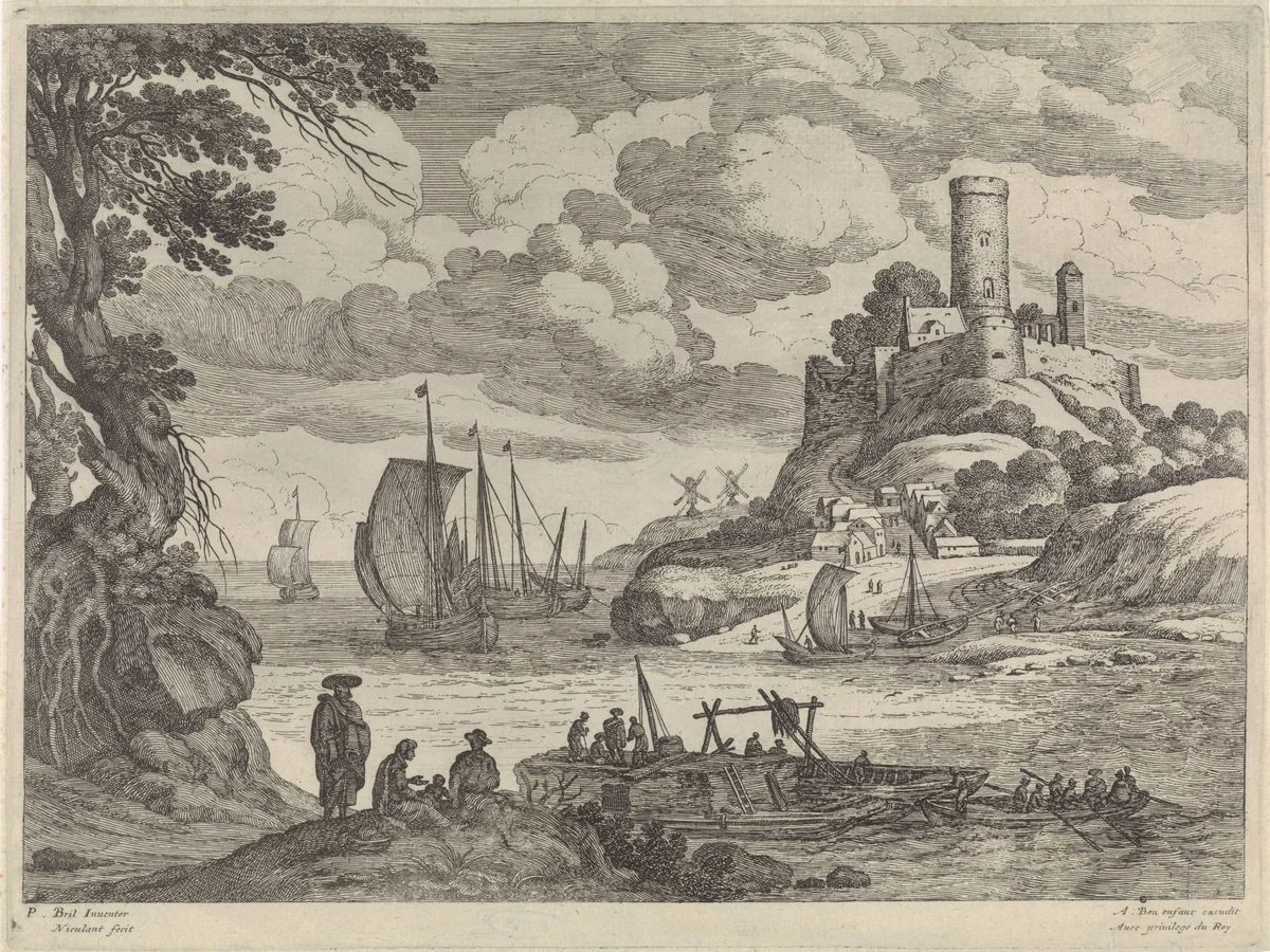 Havengezicht met schepen by Unknown, print, 1594-1635