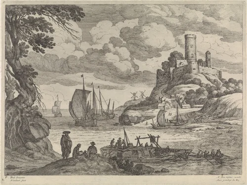 Havengezicht met schepen by Unknown, print, 1594-1635