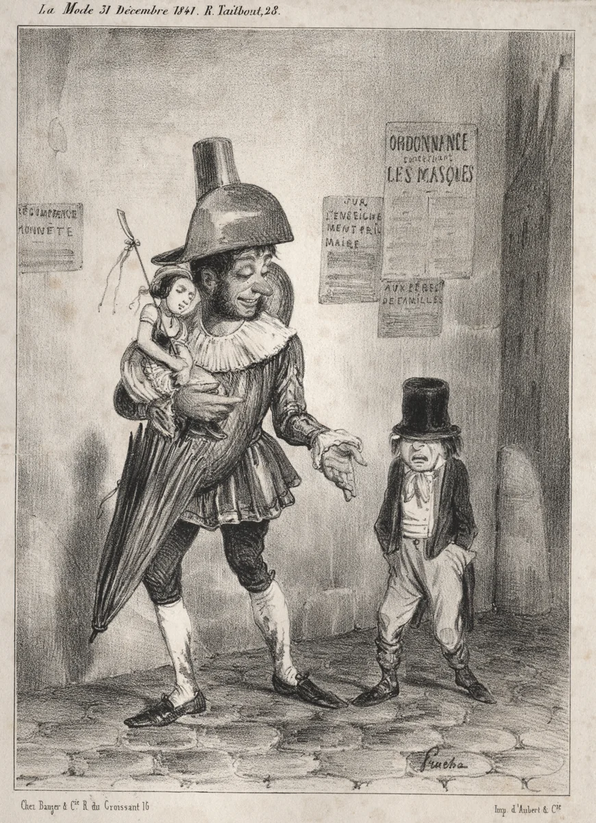Pochades de carnaval: Vois-tu, si ton maître est bien content de toi et si tu as le prix de sagesse cette année! je te laisserai deguiser en paillasse! ...l'année prochaine!! by Clémente Pruche, print, 1841