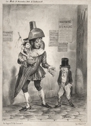 Pochades de carnaval: Vois-tu, si ton maître est bien content de toi et si tu as le prix de sagesse cette année! je te laisserai deguiser en paillasse! ...l'année prochaine!! by Clémente Pruche, print, 1841