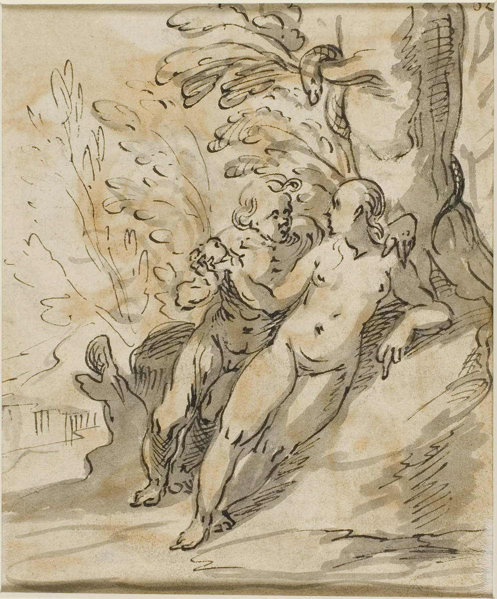 Adam and Eve Under a Tree (recto); Two Men in Dispute (verso) by Hermann Weyer, drawing, 1606-1621