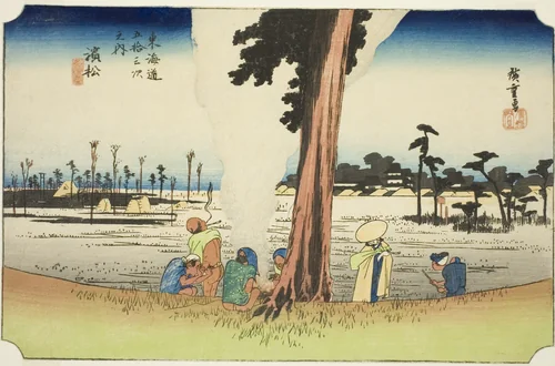 Hamamatsu: Winter Scene (Hamamatsu, fuyugare no zu), from the series "Fifty-three Stations of the Tokaido (Tokaido gojusan tsugi no uchi)," also known as the Hoeido Tokaido by Utagawa Hiroshige (歌川広重), print, 1828-1839