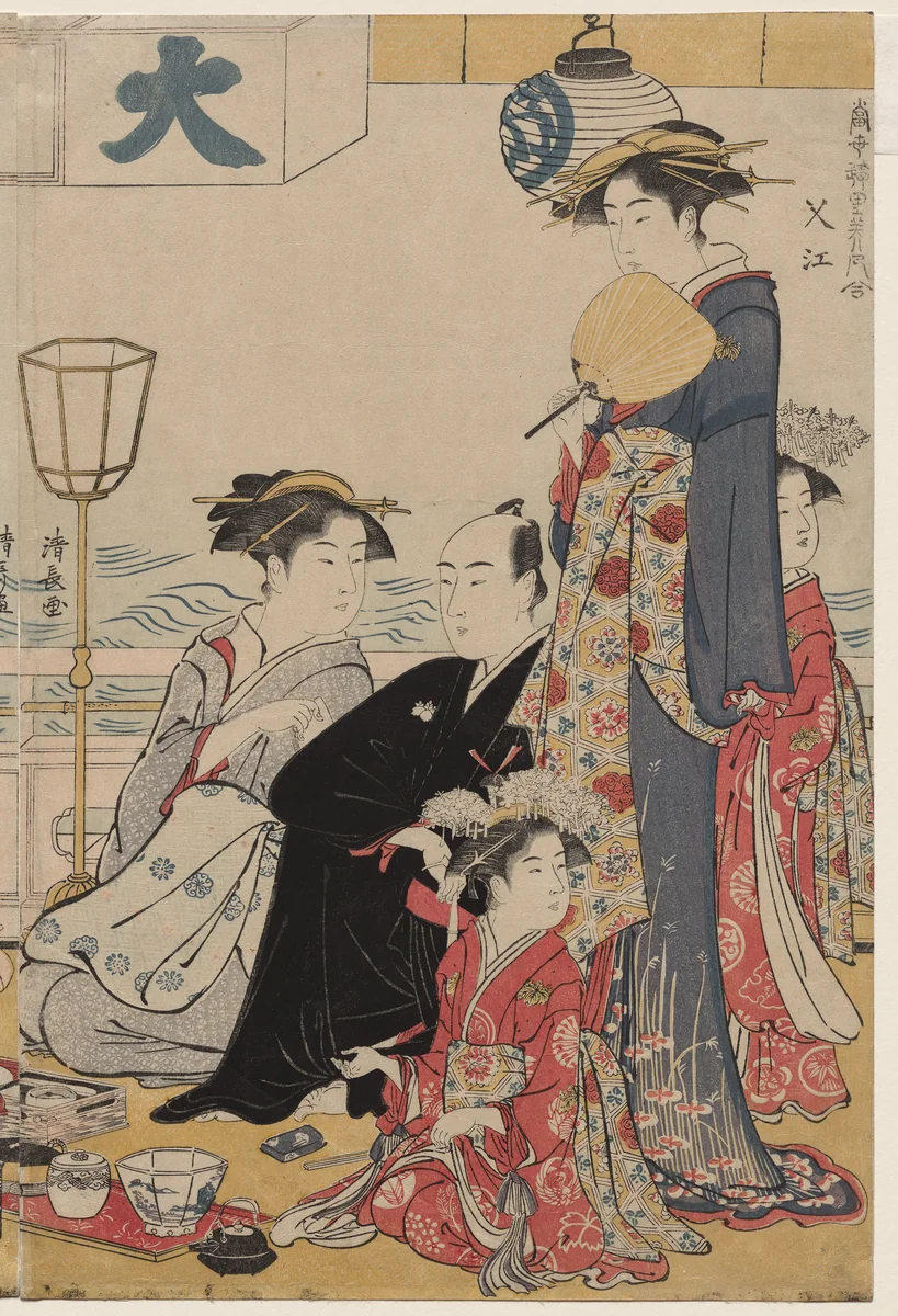 Entertainment on a Balcony by the Water at Nakasu, from the series, A Collection of Beautiful Modern Women of the Pleasure Quarters by Torii Kiyonaga (鳥居清長), print, 1783