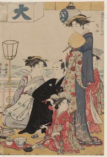 Entertainment on a Balcony by the Water at Nakasu, from the series, A Collection of Beautiful Modern Women of the Pleasure Quarters by Torii Kiyonaga (鳥居清長), print, 1783
