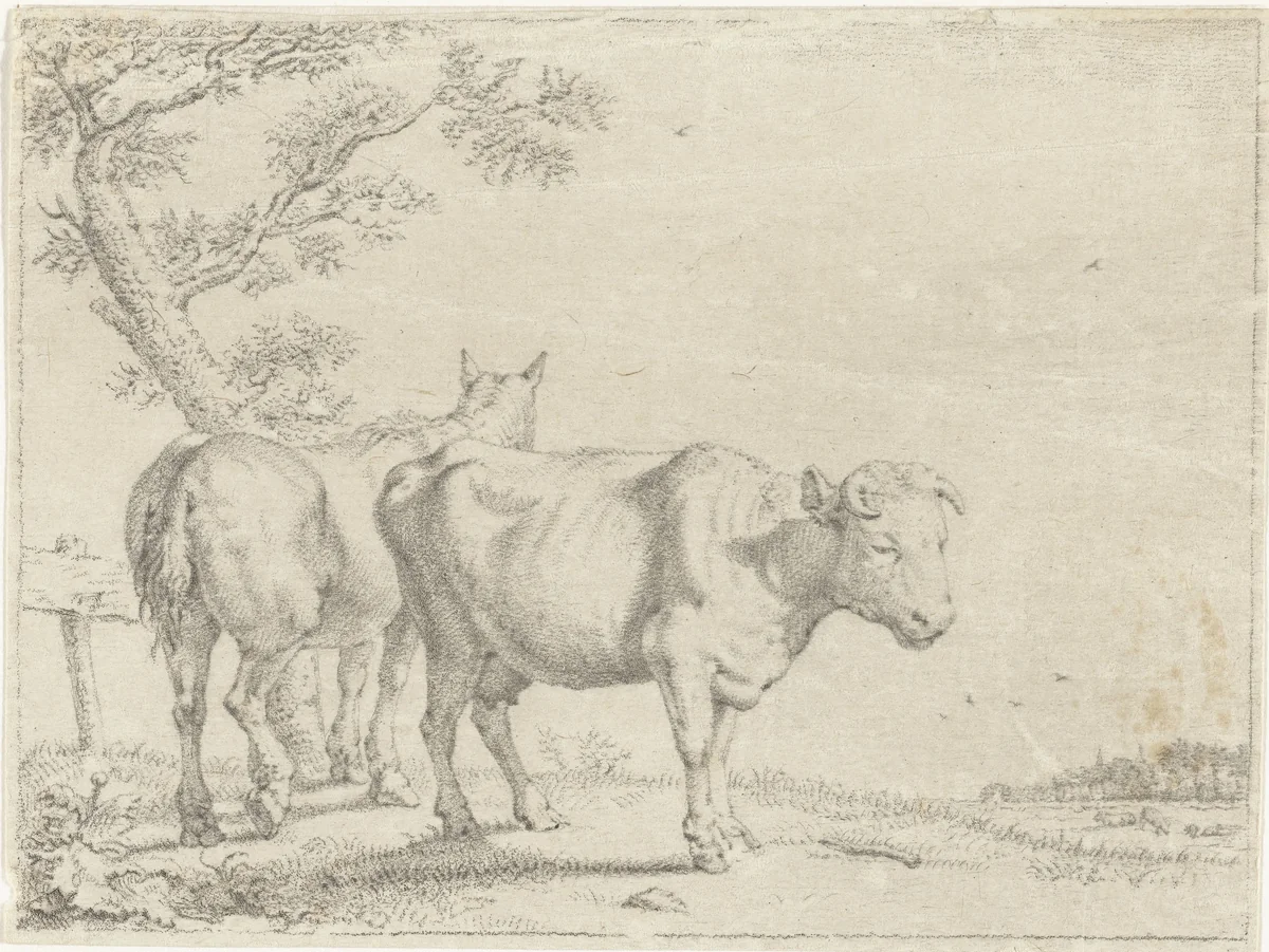 Landschap met koe en paard by Joannis Jacobus Bijlaert, print, 1777