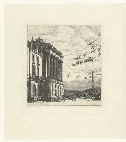 Ministerie van Marine met fantasie wezens in de lucht boven Parijs by Charles Meryon, print, 1865