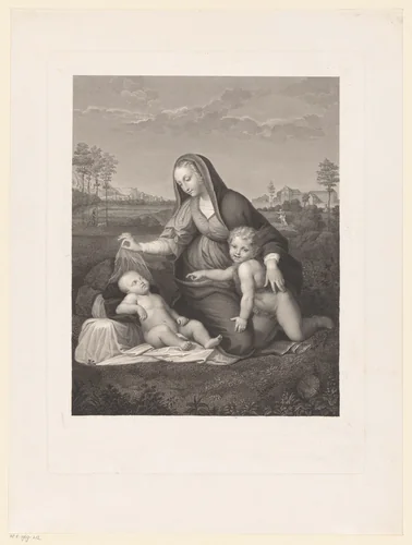 Maria met Kind en de jonge Johannes de Doper in een landschap by Giuseppe Longhi, print, 1776-1831