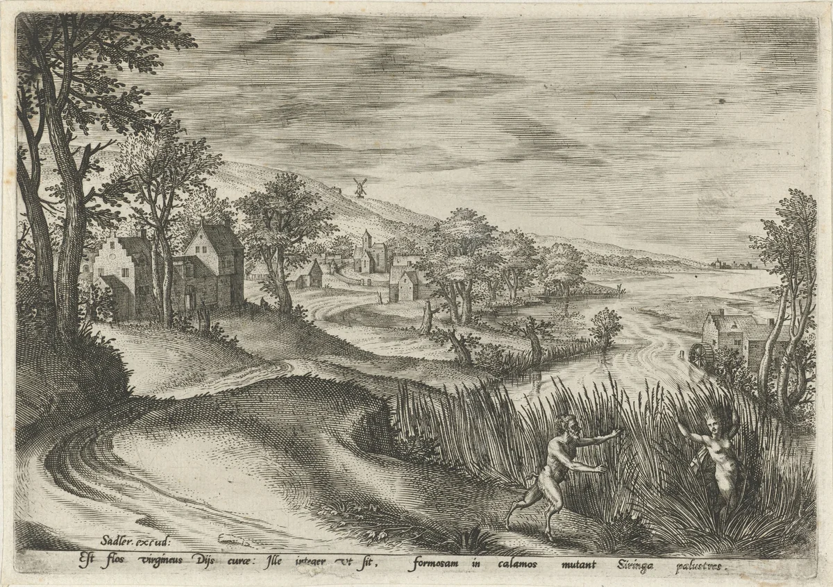 Pan achtervolgt de nimf Syrinx by Unknown, print, 1560-1600