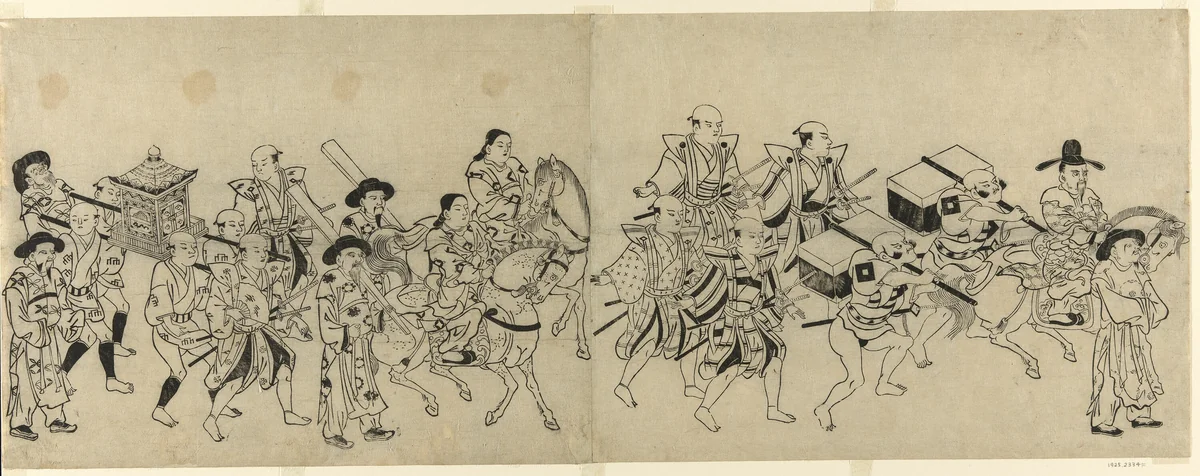 Arrival of the Korean Embassy in Edo by Torii Kiyonobu I (鳥居 清信), print, 1704-1714