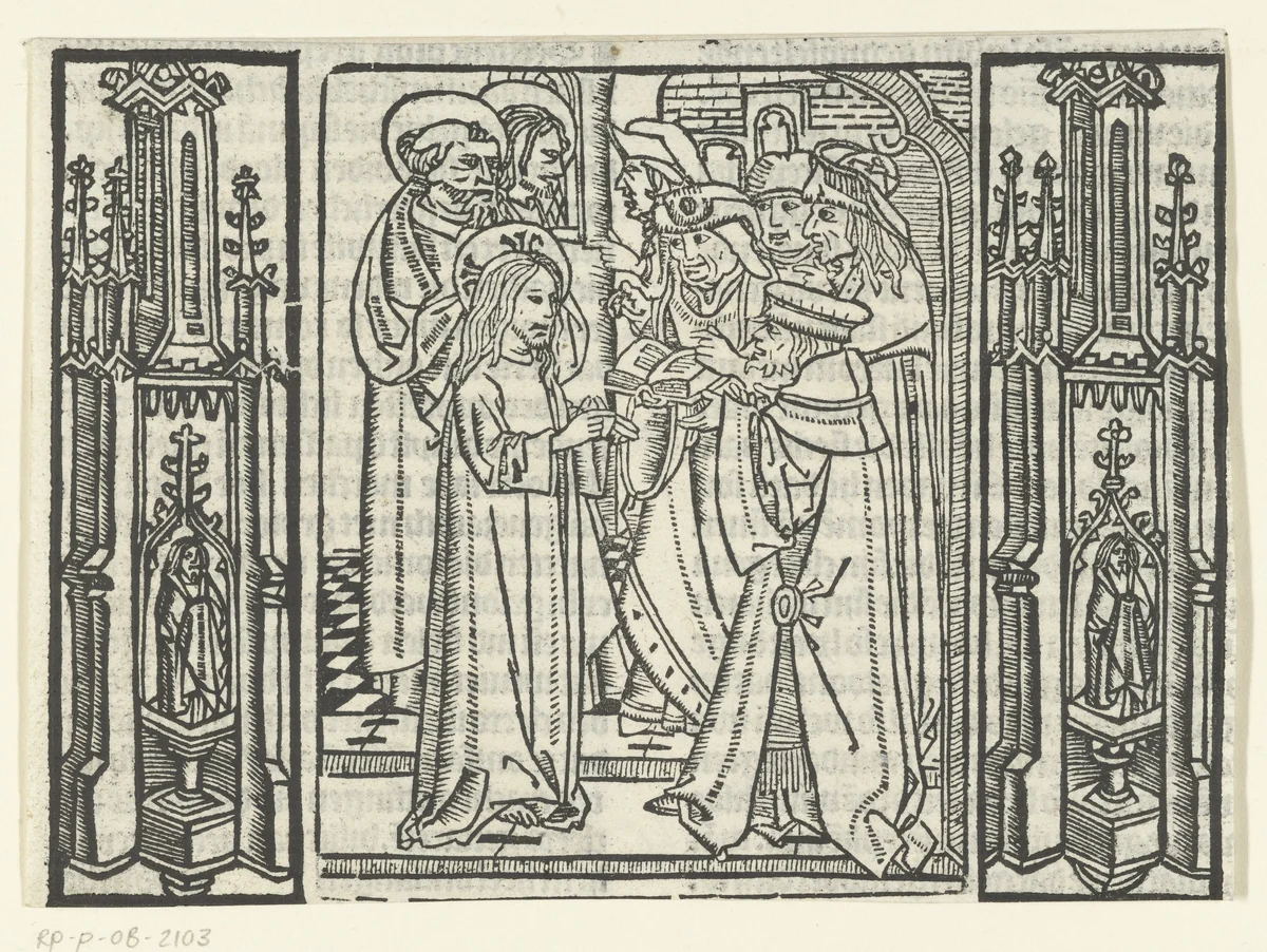 Christus in gesprek met Farizeeërs in de tempel by Unknown, print, 1480-1500