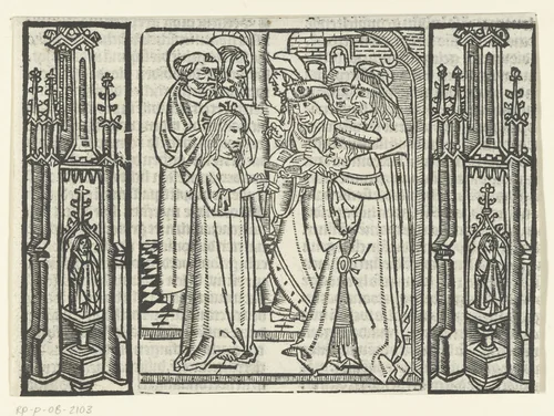 Christus in gesprek met Farizeeërs in de tempel by Unknown, print, 1480-1500