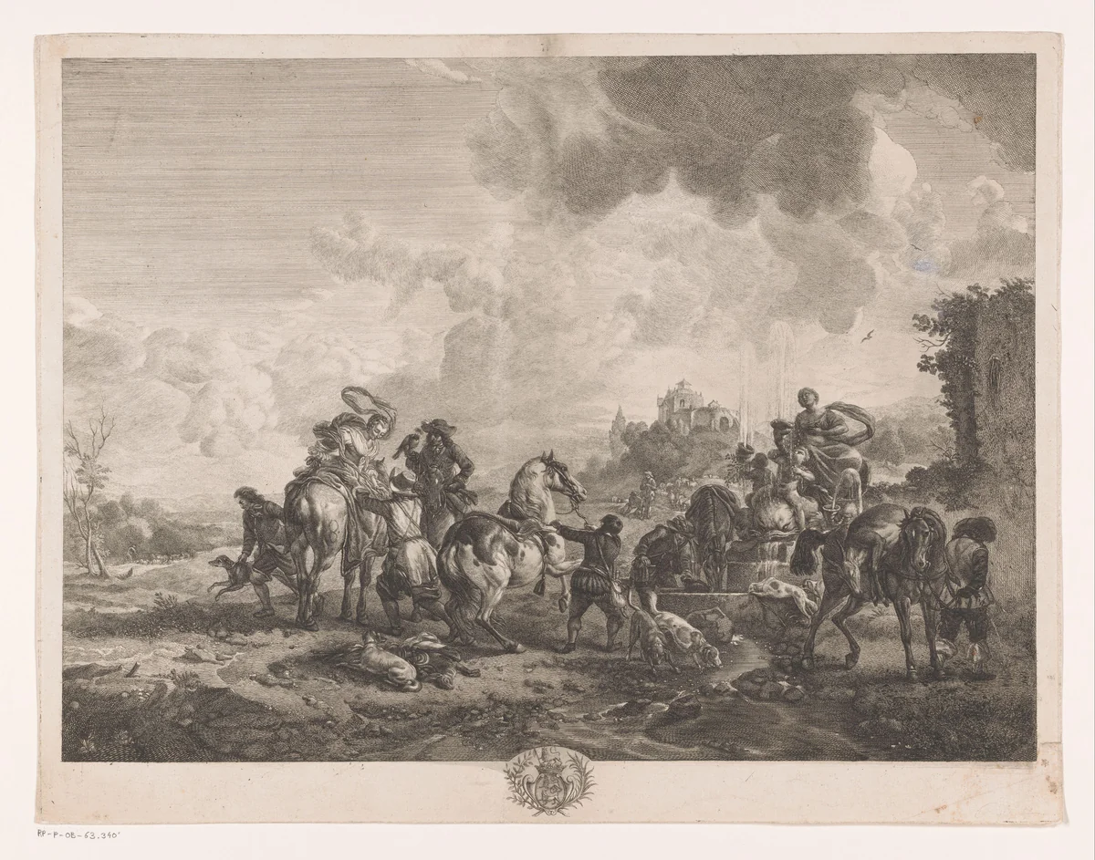 Rustend jachtgezelschap bij een fontein by Jean Moyreau, print, 1750