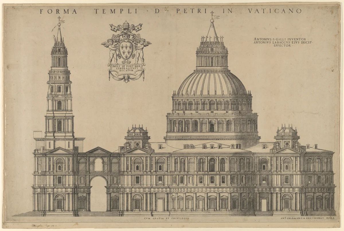 Antonio da Sangallo's project for St. Peters, plan of the façade extended to the left with a tower by Antonio da Labacco, print, 1540-1549