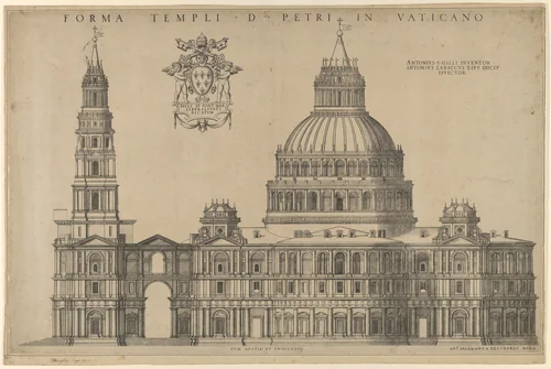 Antonio da Sangallo's project for St. Peters, plan of the façade extended to the left with a tower by Antonio da Labacco, print, 1540-1549