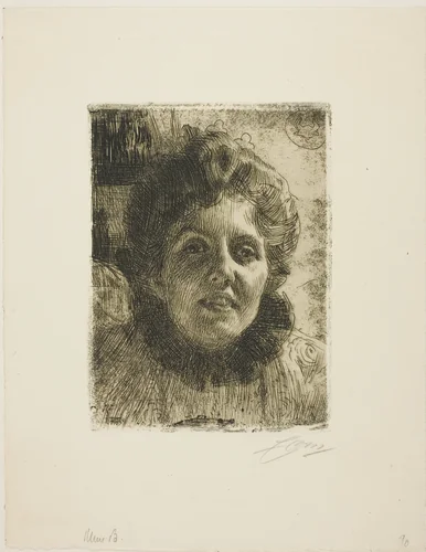 Aurore (Mrs. Aurore Klintberg, née Oxenstierna, Head) by Anders Zorn, print, 1909