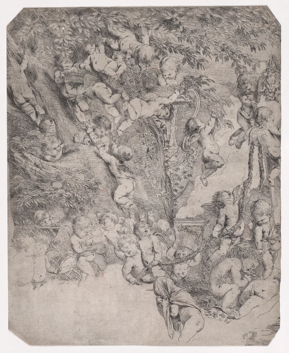 The garden of Venus, proof impression of upper left corner by Pietro Testa, print, 1626-1642