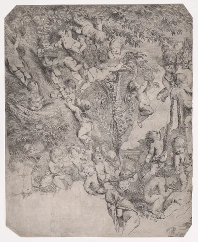 The garden of Venus, proof impression of upper left corner by Pietro Testa, print, 1626-1642