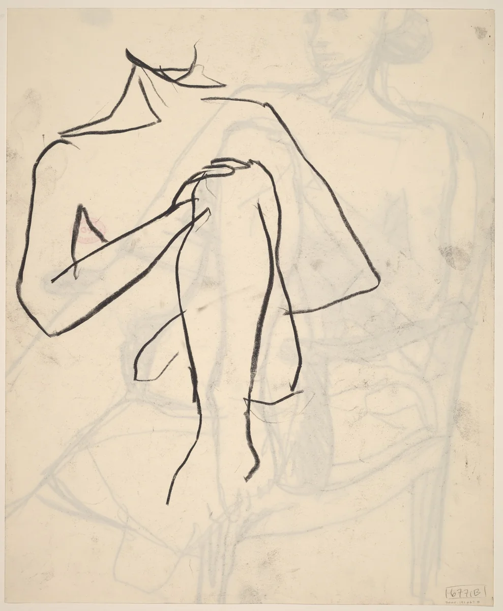 Untitled [detail of a model resting her hand on her knee] [verso] by Richard Diebenkorn, drawing, 1955-1967