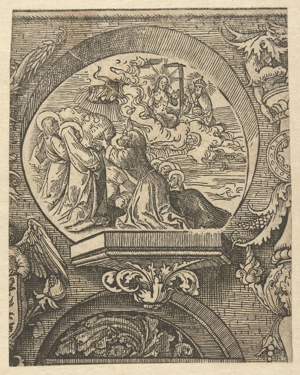 De hemelvaart en Christus voor God de Vader by Jacob Cornelisz van Oostsanen, print, 1520