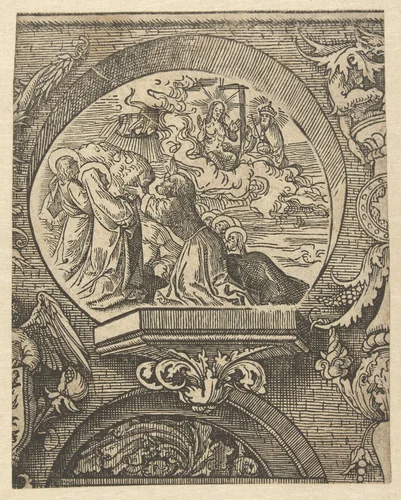 De hemelvaart en Christus voor God de Vader by Jacob Cornelisz van Oostsanen, print, 1520