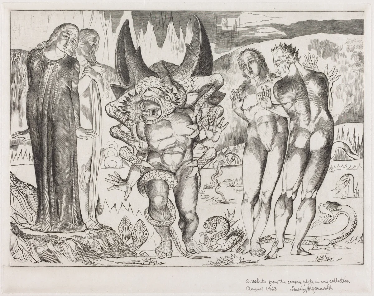 The Circle of the Thieves; Agnolo Brunelleschi Attacked by a Six-Footed Serpent by William Blake, print, 1827