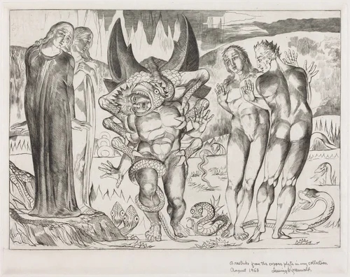 The Circle of the Thieves; Agnolo Brunelleschi Attacked by a Six-Footed Serpent by William Blake, print, 1827