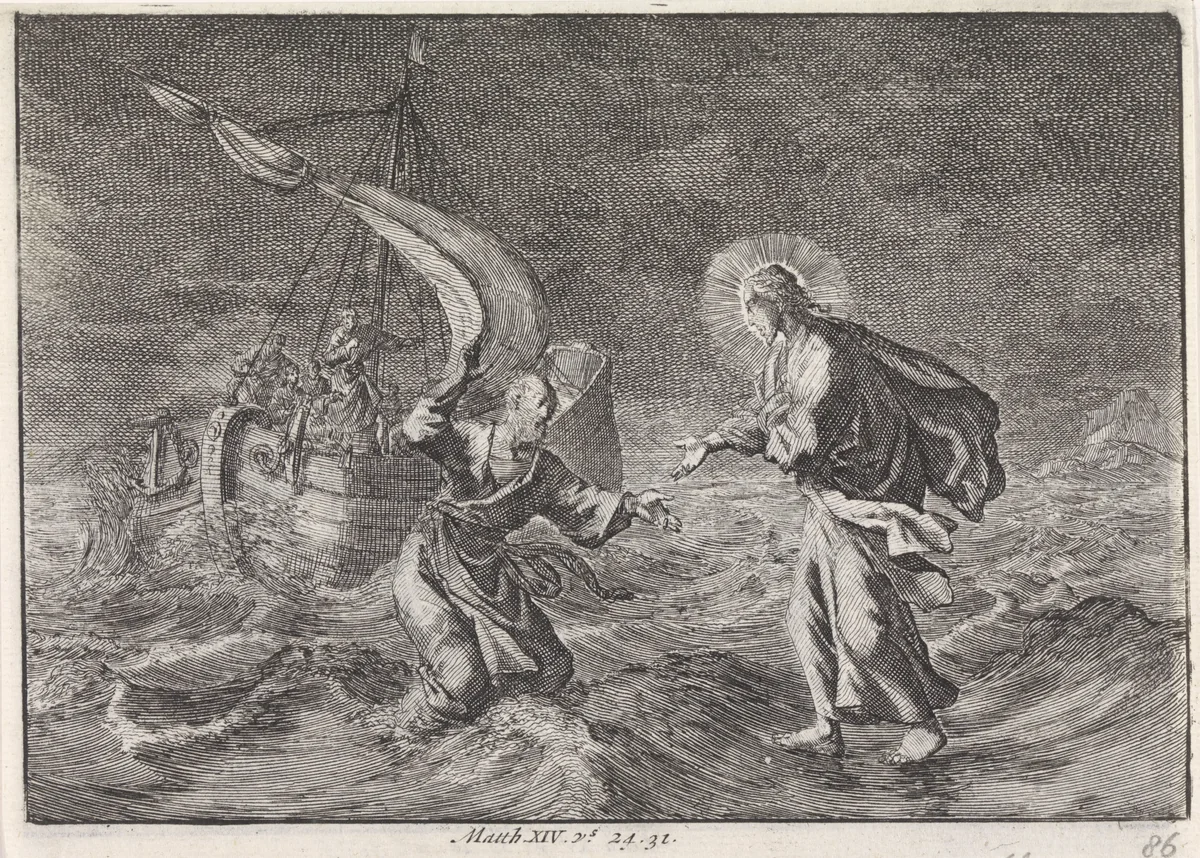 Christus loopt over het water tijdens een storm op het meer van Galilea by Jan Luyken, print, 1703-1762