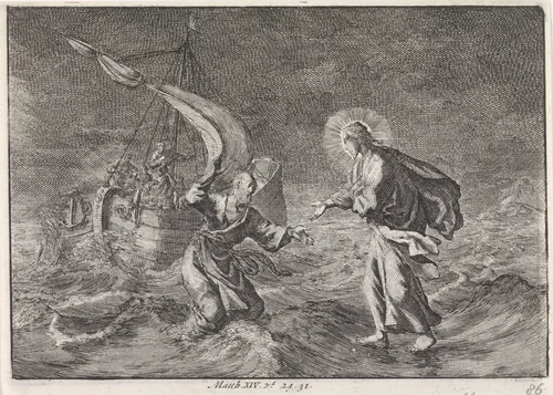 Christus loopt over het water tijdens een storm op het meer van Galilea by Jan Luyken, print, 1703-1762