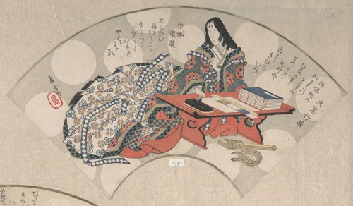 Court Lady at Her Writing Table From the Spring Rain Collection (Harusame shū), vol. 3 by Yashima Gakutei (八島岳亭), print, 1820-1829