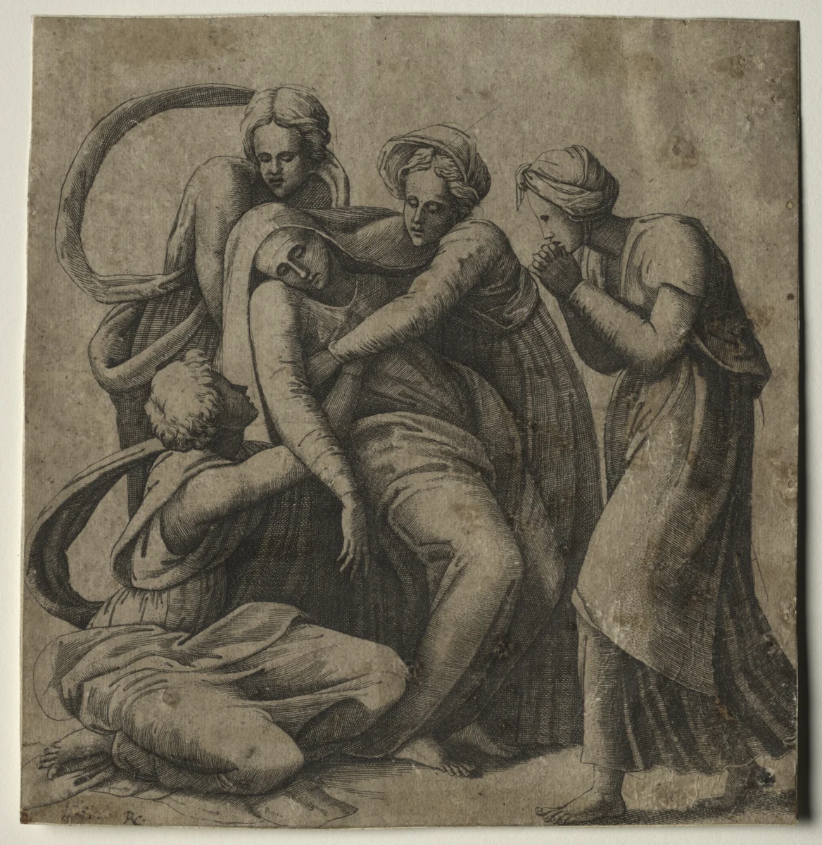 The Virgin Fainting in the Arms of Three Holy Women by Giulio Bonasone, print, 1530-1576