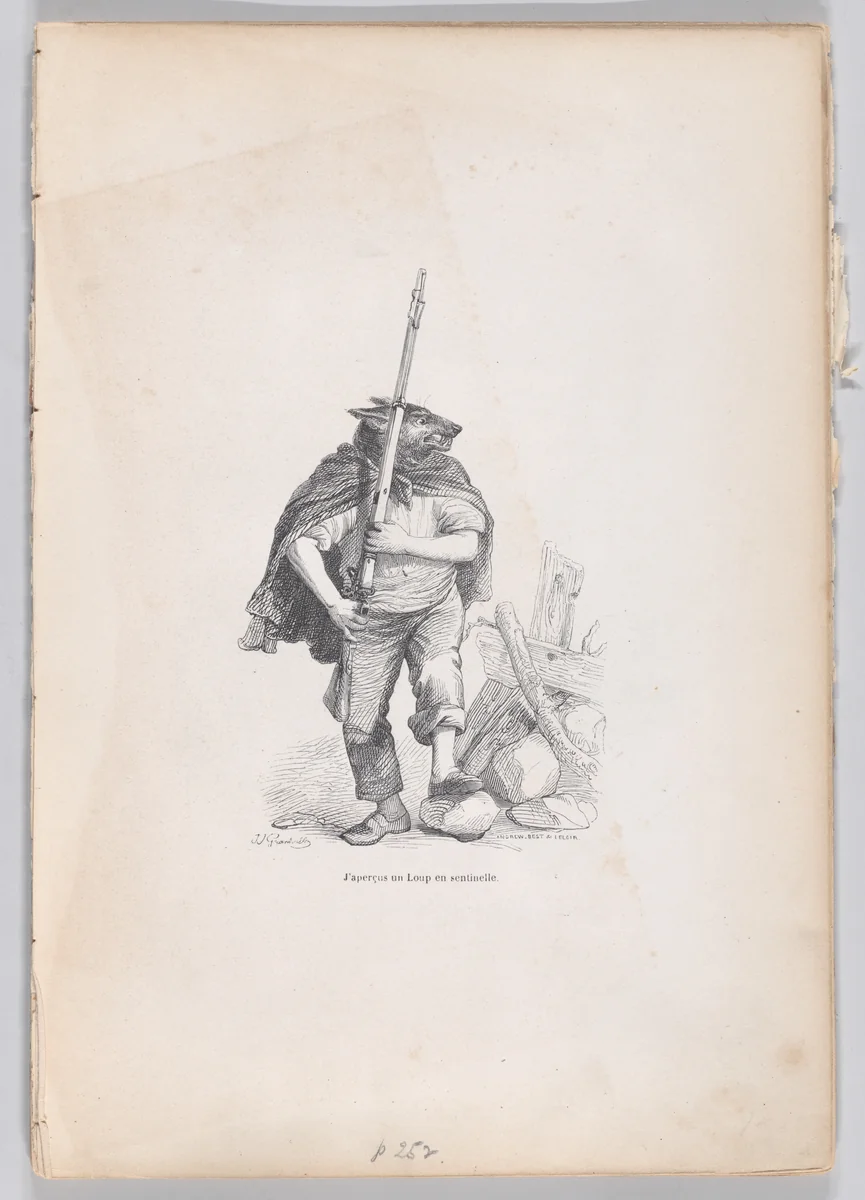 I saw a wolf standing guard, from "Scenes from the Private and Public Life of Animals" by J. J. Grandville, print, 1832-1852