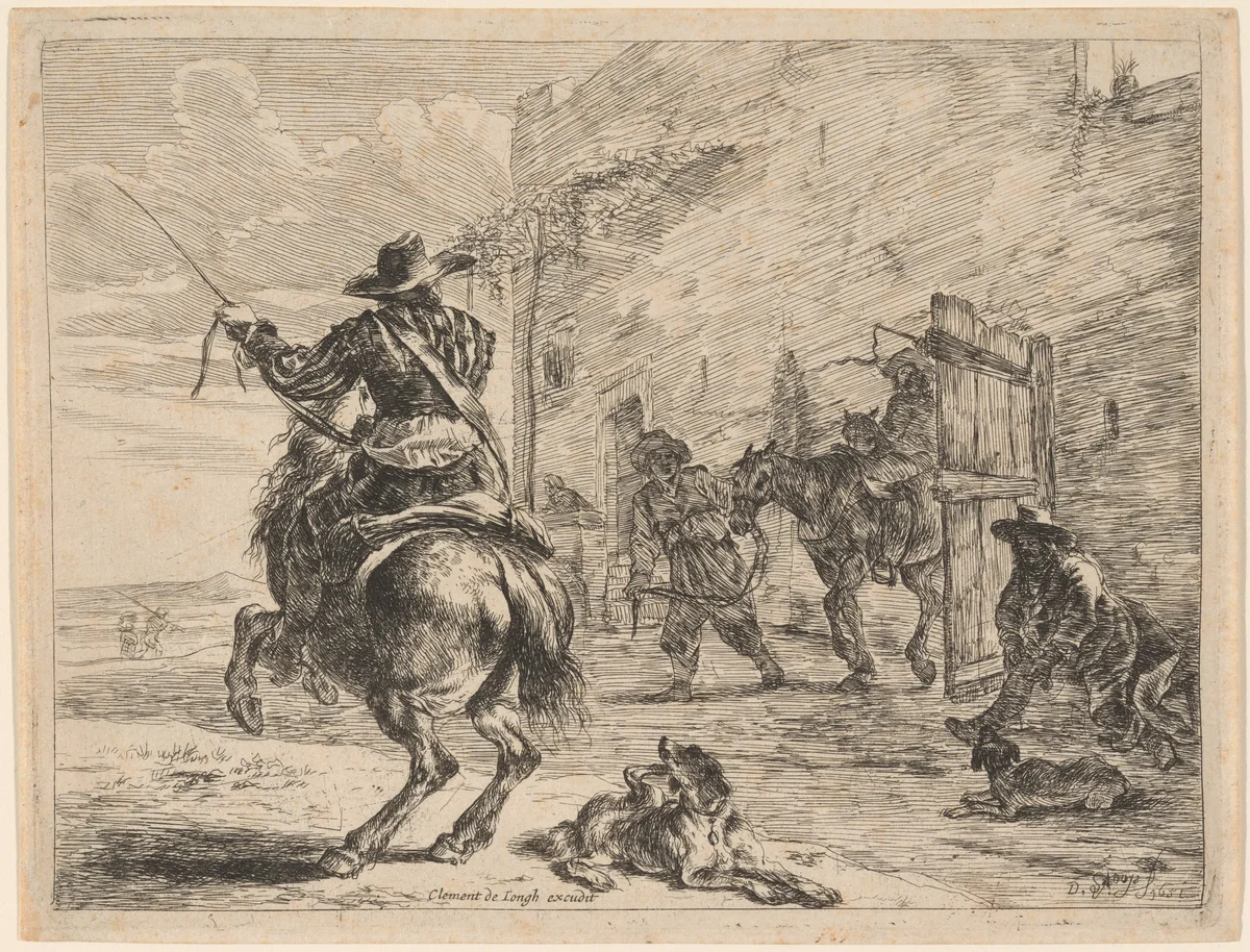 Rearing Horse near a Stable by Dirck Stoop; Clement de Jonghe, print, 1651