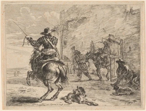 Rearing Horse near a Stable by Dirck Stoop; Clement de Jonghe, print, 1651