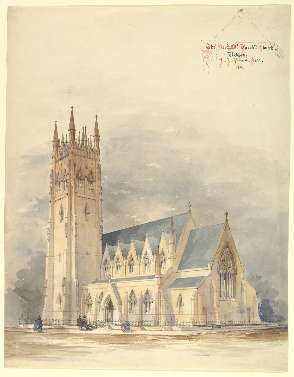 Perspective Elevation of Reverend Mr. Gaird's Church, Glasgow, in the Gothic Style by J. T. Rochead, drawing, 1858