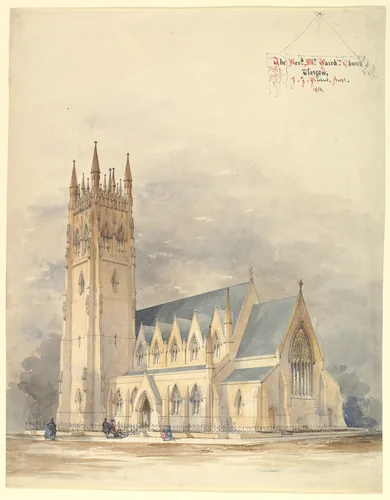Perspective Elevation of Reverend Mr. Gaird's Church, Glasgow, in the Gothic Style by J. T. Rochead, drawing, 1858