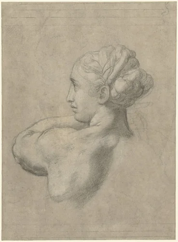 Studie van hoofd en linkerschouder van een vrouw by Rafaël, drawing, 1519-1520