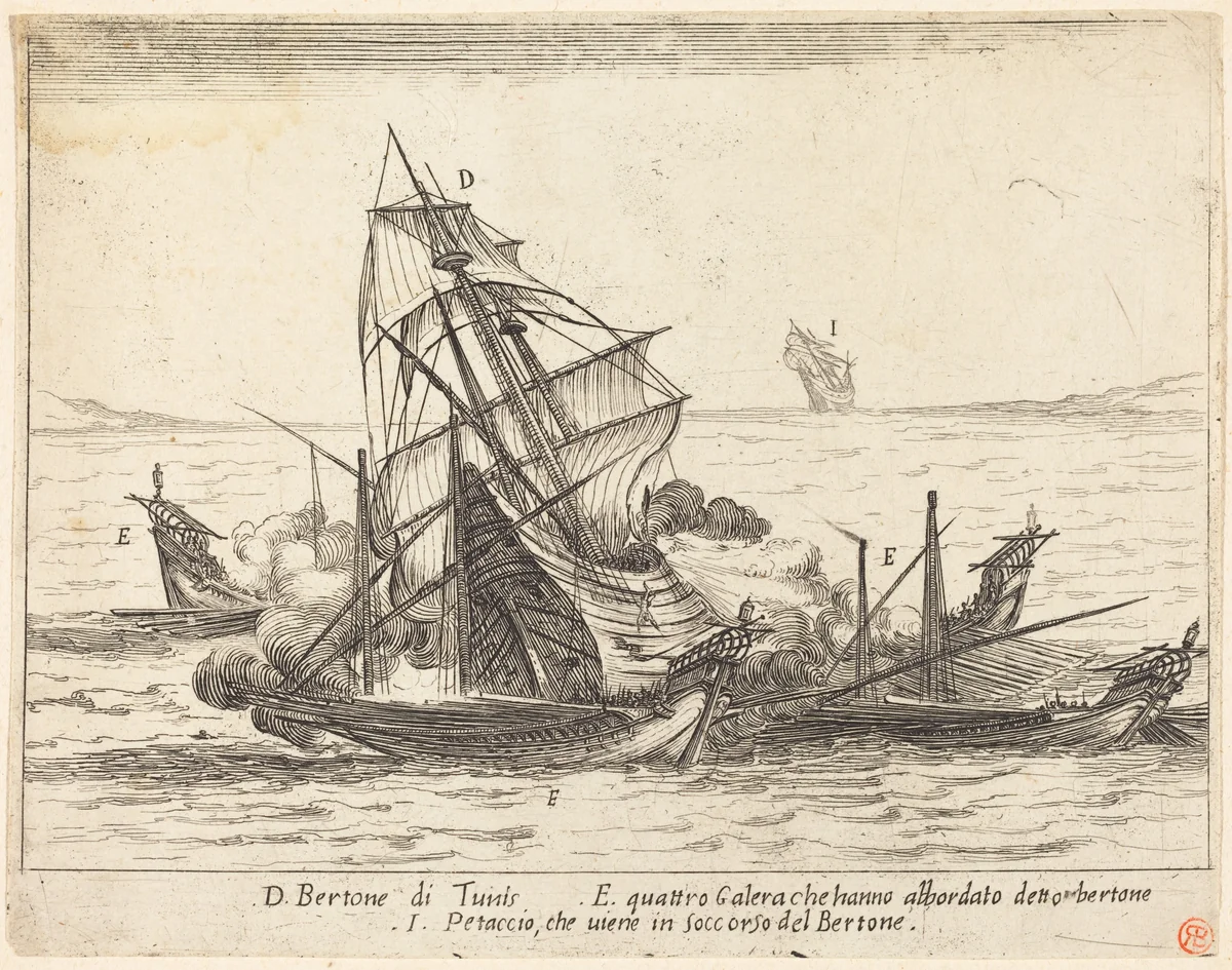 Boarding of the Bertone by Jacques Callot, print, 1617