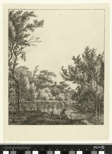 Landschap met vrouw aan waterkant by Hermanus Fock, print, 1781-1822