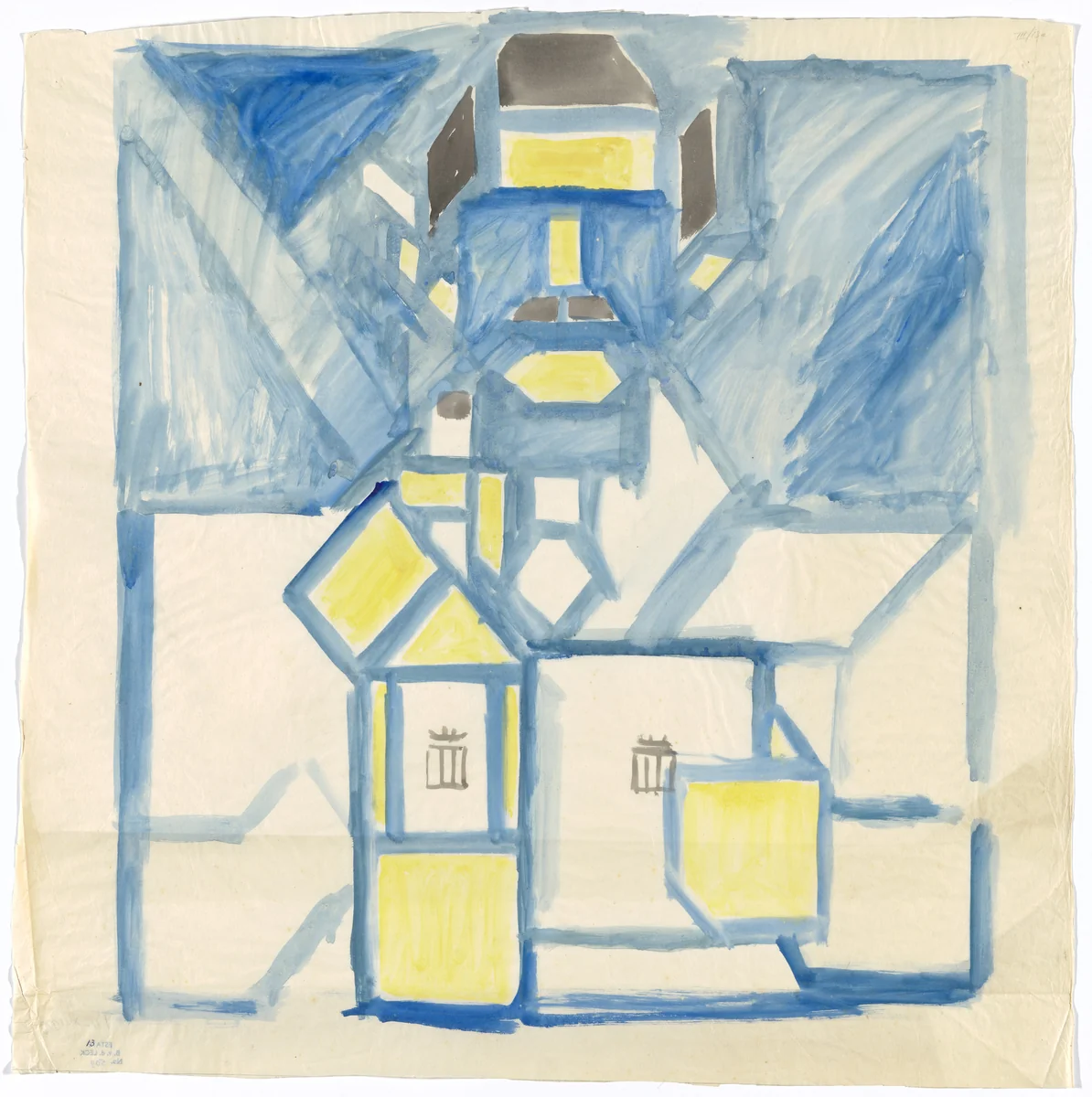 Preliminary design for poster for Delft Salad Oil (Delftsche Slaolie) by Bart van der Leck, drawing, 1919