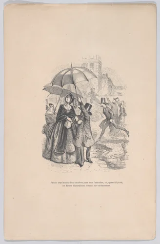 I was in too much need of an omnibus, but as soon as it starts raining, they all seem to disappear as if by magic, from "Little Miseries of Human Life" by J. J. Grandville, print, 1843