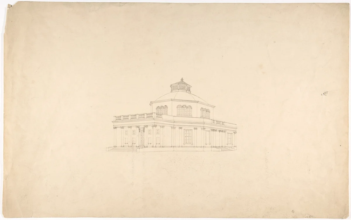 Design for a Centrally Planned Domed Building with Porticos, Perspective by anonymous, drawing, 1800-1900