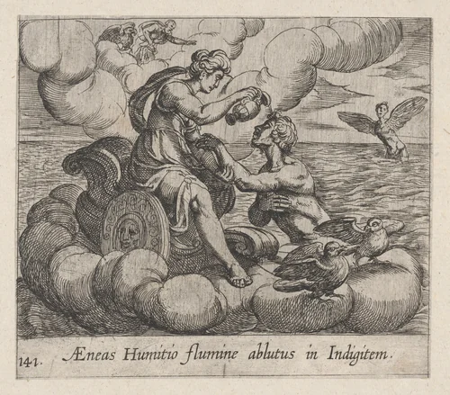 Plate 141: The Immortalization of Aeneas (AEneas Humitio flumine ablutus in Indigitem), from Ovid's 'Metamorphoses' by Antonio Tempesta, print, 1606