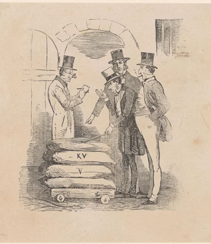 Vier mannen staand rondom een kar met vier volle zakken by Isaac Weissenbruch, print, 1836-1912