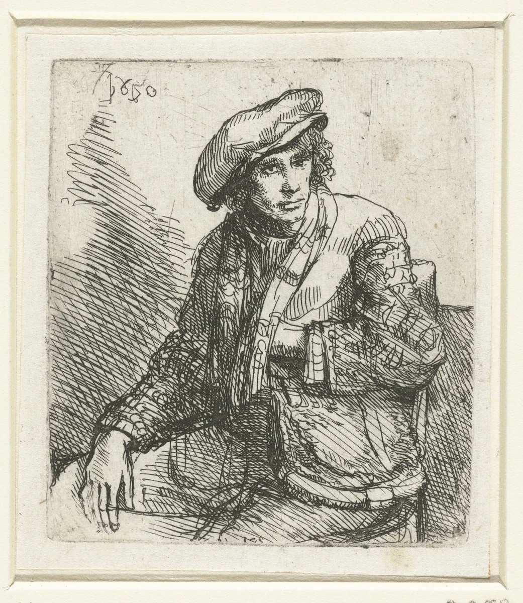 Zittende jongeman met een tas by anonymous, print, 1650