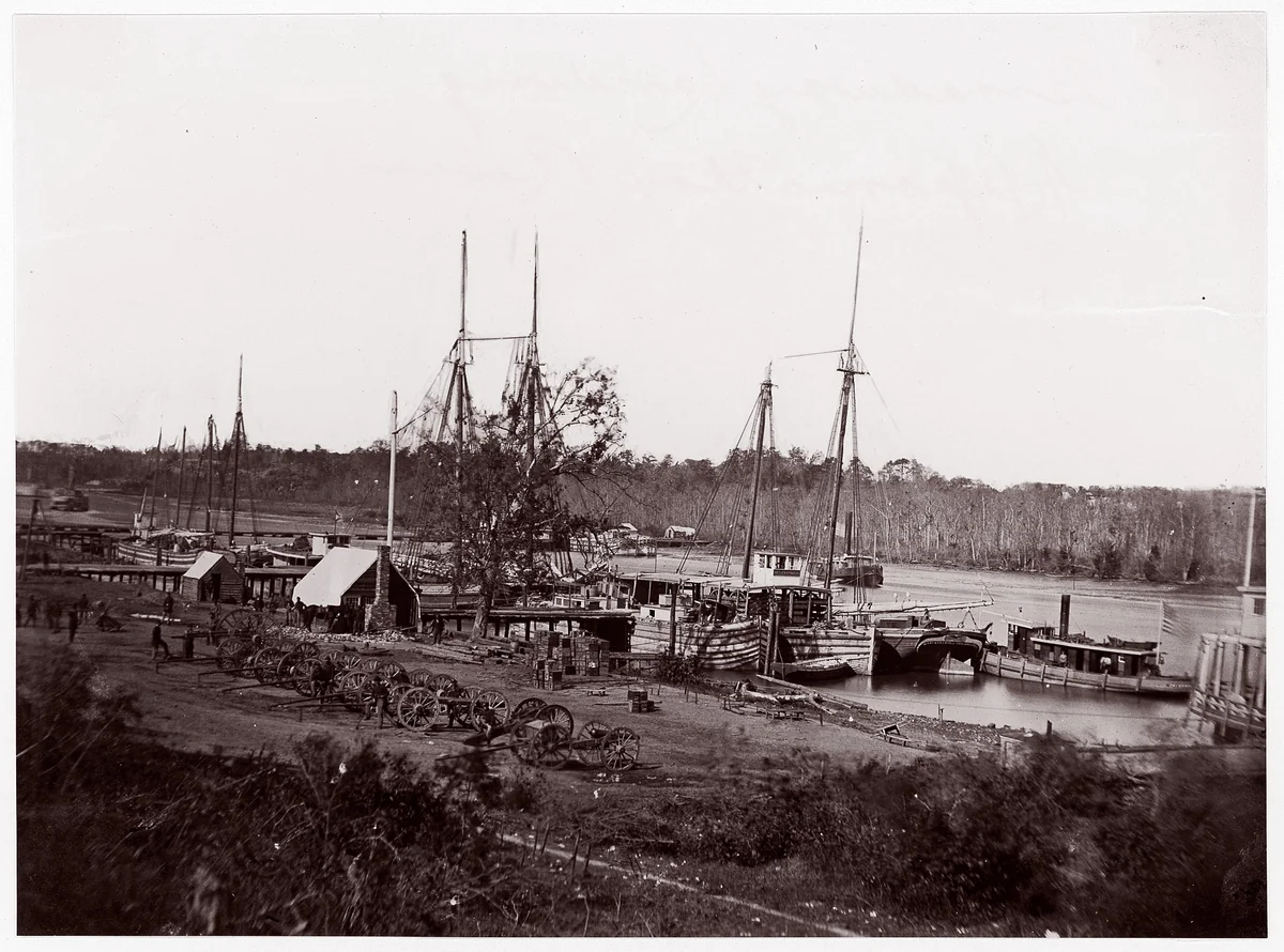 [Broadway Landing with Supply Boats, Appomattox River, Virginia] by William Frank Browne, photograph, 1864