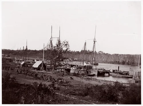 [Broadway Landing with Supply Boats, Appomattox River, Virginia] by William Frank Browne, photograph, 1864