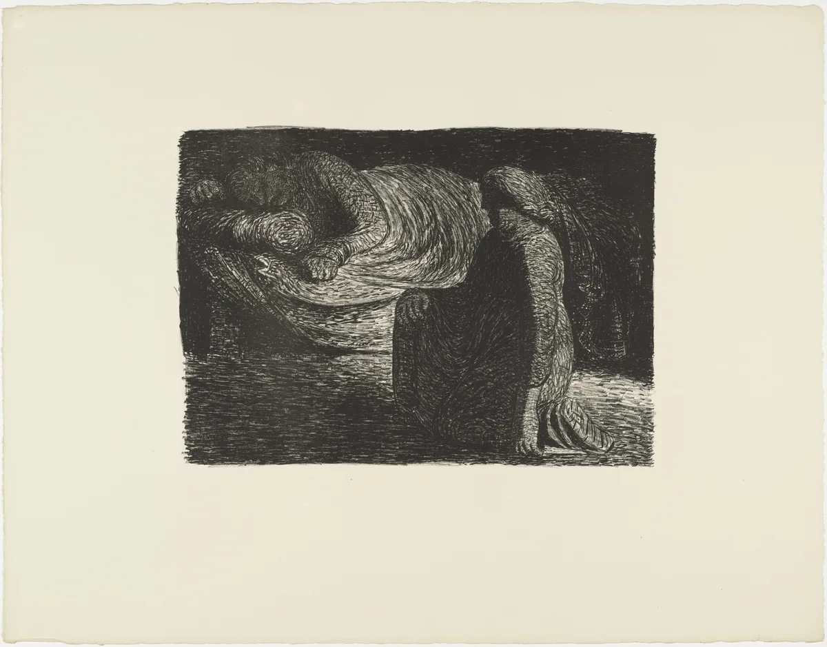 Mother Kneeling at Bedside of Sleeping Son (Kniende Mutter am Bett des schlafenden Sohnes) from The Dead Day (Der tote Tag) by Ernst Barlach, print, 1910