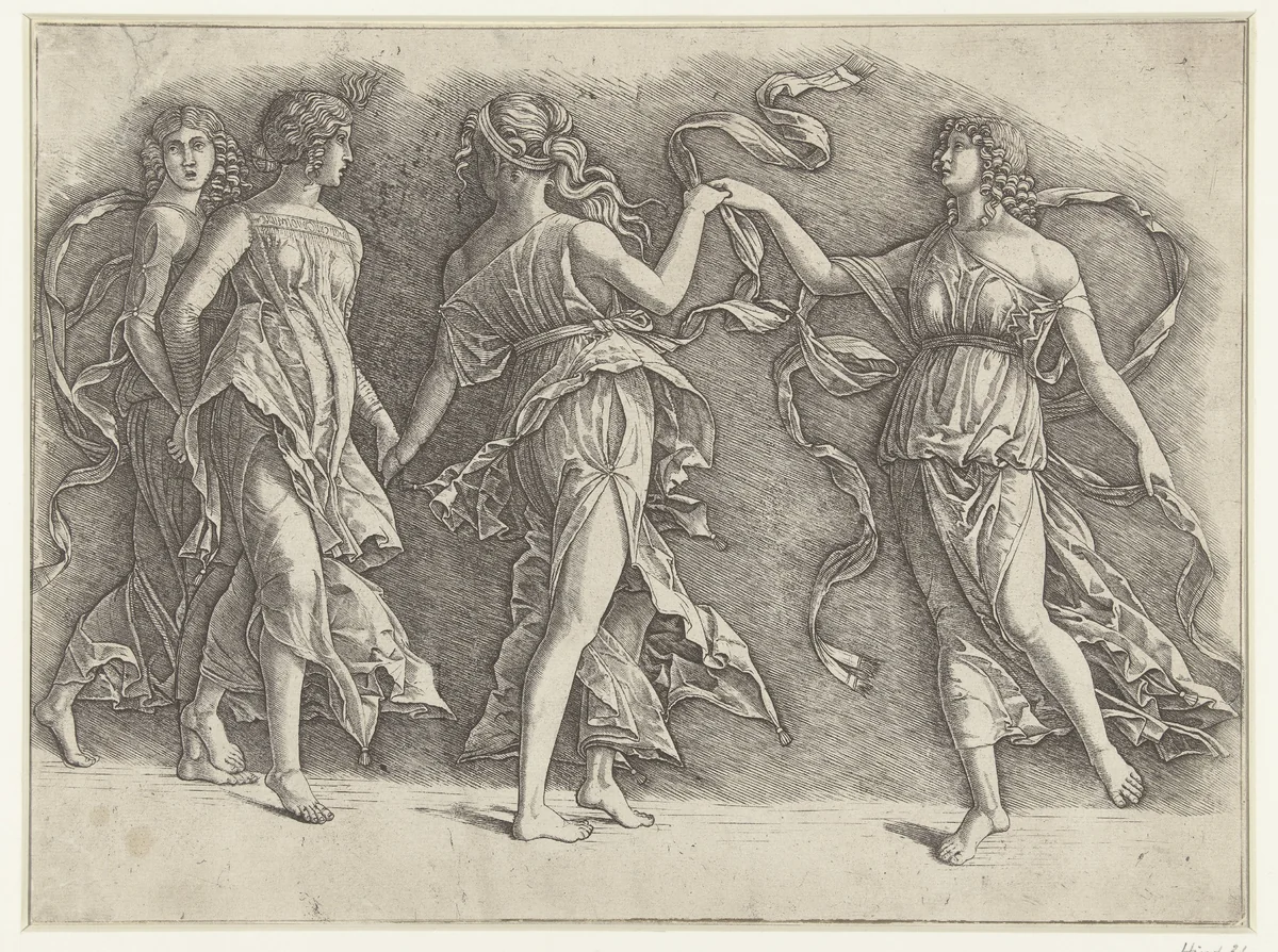 Vier dansende vrouwen by Unknown, print, 1497-1550