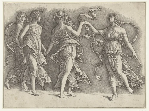 Vier dansende vrouwen by Unknown, print, 1497-1550